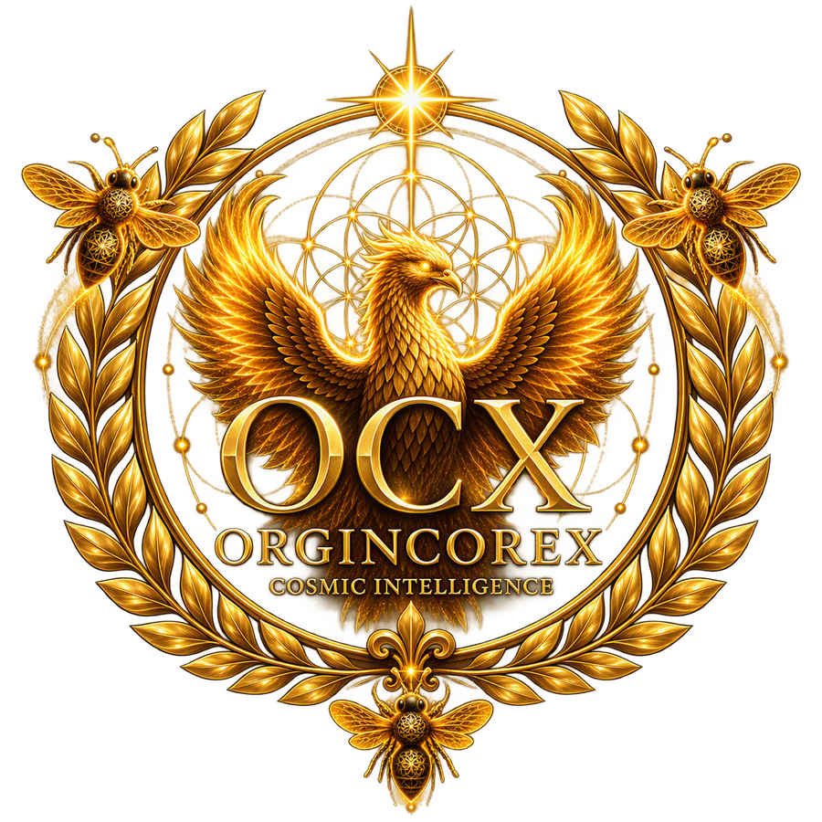 OrginCoreX – Cosmic Intelligence Golden OrginCoreX OCX phoenix emblem representing consciousness, remembrance and cosmic intelligence.
